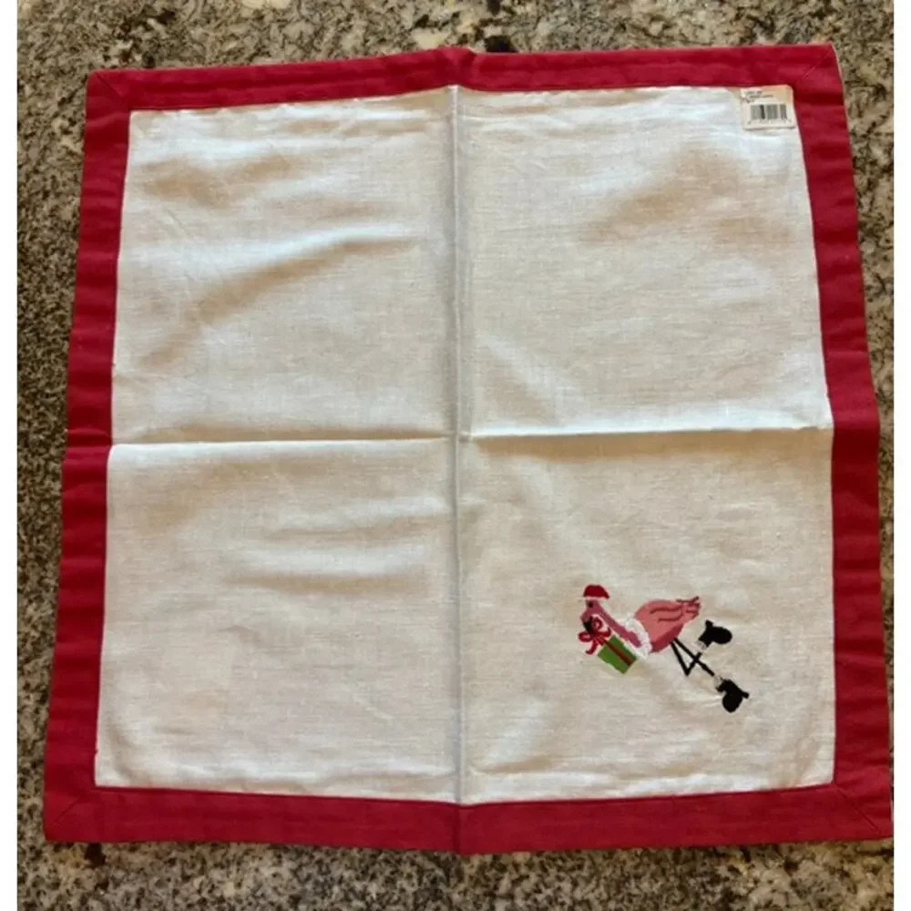 Set Of 4 FLAMINGO Santa Christmas Embroidered White Napkins Cotton Linen NWT New
